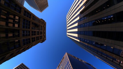 Wall Mural - Modern skyscrapers under a clear blue sky: Low-angle view of modern skyscrapers against a bright blue sky, symbolizing urban development.