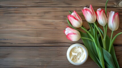 Wall Mural - Tulip flower cream cosmetic on wood surface