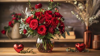 Aufkleber - A close-up of a beautiful bouquet of red roses arranged in a clear glass vase on a wooden table. The roses are in full bloom and have a rich, velvety texture.