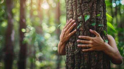 Nature lover hugging trunk tree with green musk in tropical woods forest. Green natural background. Concept of people love nature and protect from deforestation or pollution or climate change