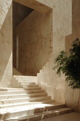 Wall Mural - Staircase in a modern building made of marble with a single plant
