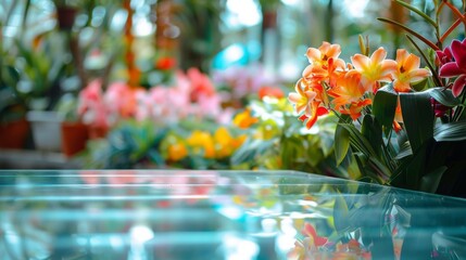Poster - A close-up of bright orange flowers with green leaves in the foreground, with a blurred background of a greenhouse filled with plants and flowers.