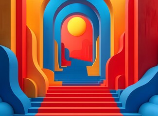 Wall Mural - A surreal colorful 3D rendering of a staircase going up to a large archway