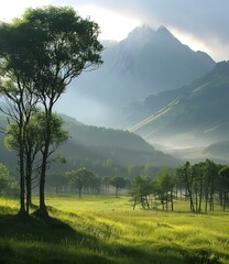 Wall Mural - Green Mountain Valley Landscape with Trees and Fog