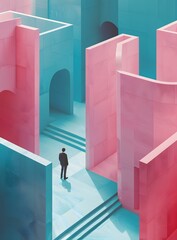 A man standing in a colorful 3D maze