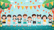 © khonkangrua - Cartoon kids standing in a row at a colorful party with banners and confetti, smiling and celebrating together.