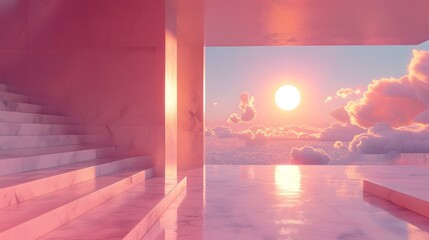 Sticker - Pink surreal landscape with stairs and clouds