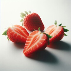 Sliced Strawberry displayed on a clean white backdrop, showcasing their rich red color and fresh texture
