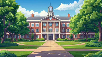 illustration of a traditional school building with a clock tower, surrounded by lush greenery and a 