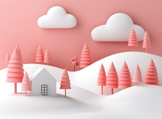 Wall Mural - Pink Winter Wonderland House Scene