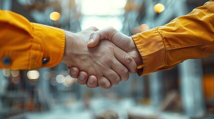 A close-up of a handshake between two workers in orange workwear