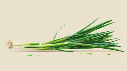 Wall Mural - Fresh green onions on a light background, showcasing their crisp, vibrant green stalks and roots.