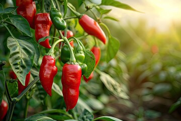 Wall Mural - A bunch of red peppers hanging from a plant. The image has a bright and sunny mood