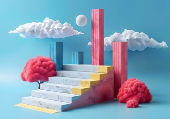 Wall Mural - Pink and blue podium with stairs and abstract trees
