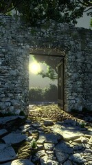 Canvas Print - Stone Wall Gate Entrance with Broken Path