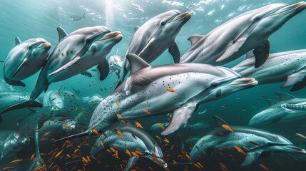 Vibrant marine life  dolphins, fish, jellyfish, and turtles in clear ocean aerial view