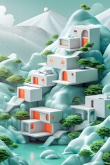 Wall Mural - Abstract 3D Rendering of Minimalist Houses on Green Hills