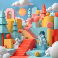 Wall Mural - Surreal geometric shapes and stairs in a colorful 3D landscape