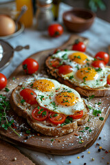 Canvas Print - Food dish with eggs, tomatoes, and toast on cutting board
