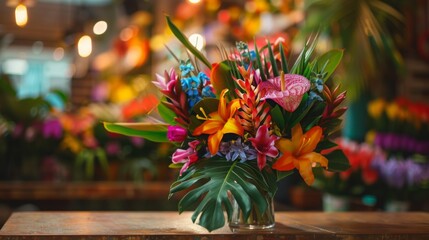 Poster - A vibrant tropical flower bouquet arranged in a glass vase sits on a wooden table. The bouquet features bright pink, orange, yellow, red, and blue flowers with lush green leaves.