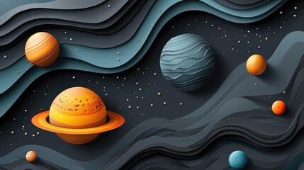 Cosmic artistry: 3d paper cut style poster of solar system planets on a black background, illustrating beauty of our celestial neighbors, creatively showcasing planets in a striking and modern design