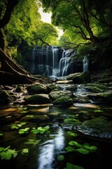 Wall Mural - Lush green forest surrounds a cascading waterfall tumbling over moss-covered rocks