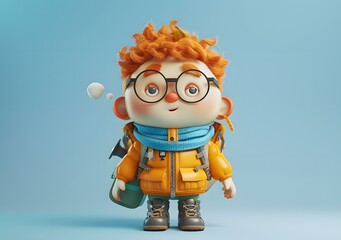 Wall Mural - 3d illustration of a cute cartoon boy with glasses and a backpack