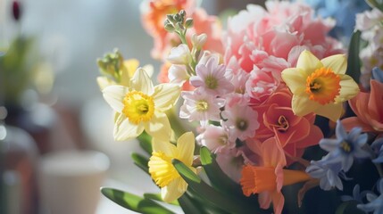 Aufkleber - Up-close photo of a lively spring bouquet, showing colorful flowers in detail. Highlights the beauty and textures of the blooms.
