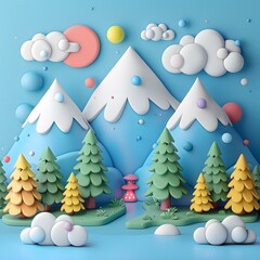 Wall Mural - 3D Cartoon Illustration of Snowy Mountains and Forest