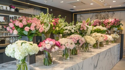 Poster - Fresh flower bouquets on white marble counter in glass vases at flower shop. Arrangements include roses, hydrangeas, and lilies.
