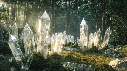 Wall Mural - Crystal Forest, Serene forest with sunlight filtering through trees, highlighting large, translucent crystals