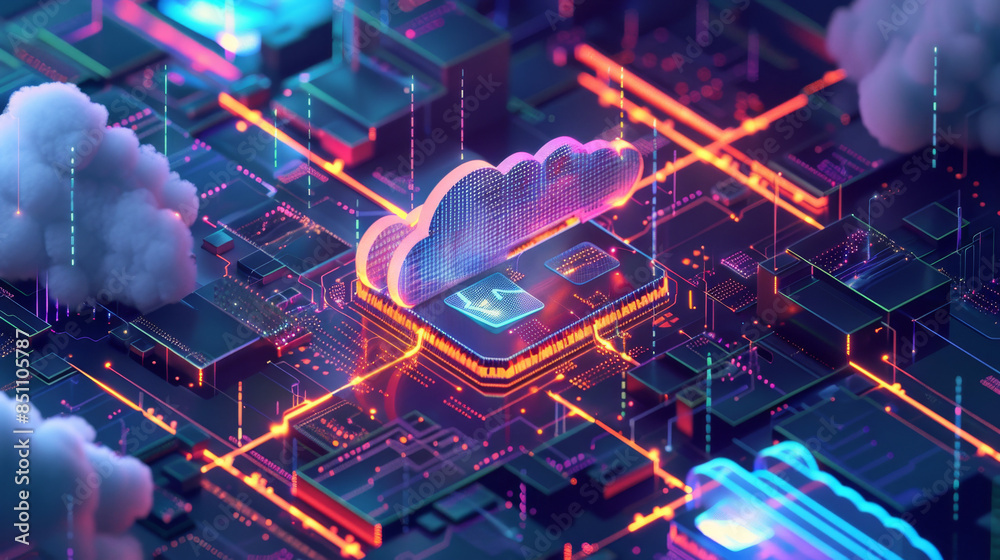 3d isometric illustration of cloud computing, futuristic technology ...
