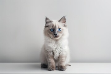  Photo of an adorable ragdoll kitten with blue eyes sitting on a white table against a solid light grey background