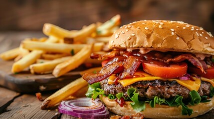 Juicy bacon cheeseburger with French fries on wooden table