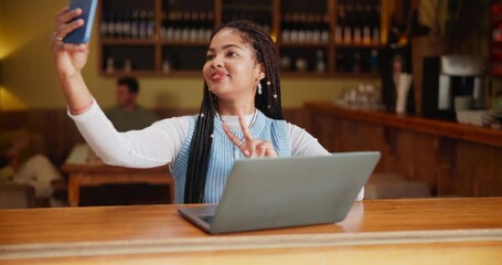 Wall Mural - Happy, woman or student and selfie with laptop in cafe for fun on social media on study break. Smile, female person and hand for peace sign or emoji with smartphone and computer for connection