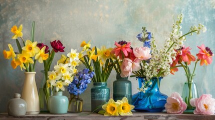 Aufkleber - A colorful arrangement of spring flowers in various vases on a wooden table. The flowers include daffodils, peonies, and other blooms in shades of yellow, pink, red, blue, and white.