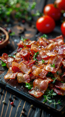 Wall Mural - A plate of bacon with a sprinkle of pepper and a few tomatoes