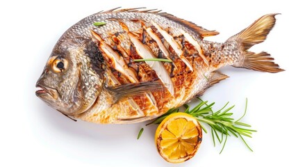 Wall Mural - A fish is on a white background with lemon slices and herbs