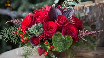 Aufkleber - A close-up of a bouquet of red roses with greenery, berries, and a heart-shaped leaf.