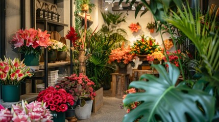 Poster - An interior shot of a flower shop, showcasing a variety of colorful flowers in pots. Large, tropical plants are in the foreground and background, creating a lush, vibrant atmosphere.