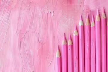 Poster - A close-up photo of a row of pink pencils arranged in a diagonal line on a textured pink surface. Generative AI