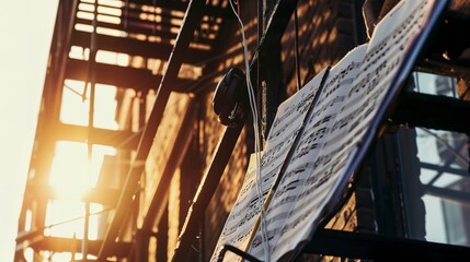 Canvas Print - Fire escape with music sheets and headphones, close-up, bright daylight, textured metal, music learning, urban environment. 