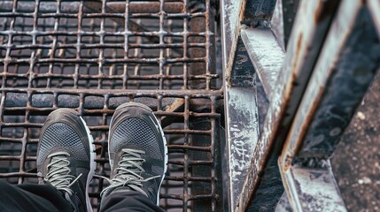 Wall Mural - Fire escape steps with a pair of running shoes, close-up, natural daylight, textured metal, fitness focus, urban workout. 