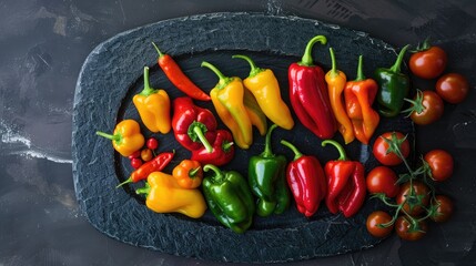 Wall Mural - Peppers arranged on dark board from above