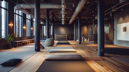 Poster - A minimalist yoga studio with natural light streaming through large windows, wooden floors, and comfortable mats for practice.