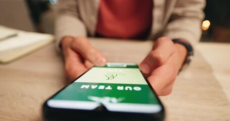 Poster - hands, screen and smartphone on table for scrolling, browsing and mobile application for user. perso