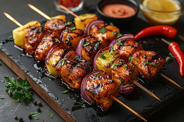 Wall Mural - Delicious chicken with pineapple, grilled on skewers. 