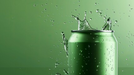 Wall Mural - mock up product photograph of a green color aluminum soda can isolated in solid green background with splash of water on it, copy space for text. isolated on a solid green background. Illustrations