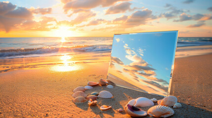 Wall Mural - a mirror placed on a sandy beach, reflecting the ocean waves and a colorful sunset