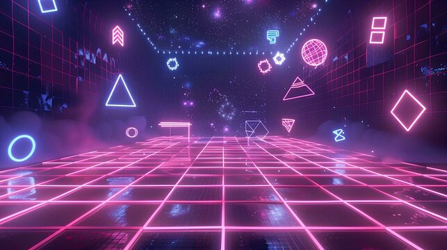80s style background with grid and neon lights, dark blue background with colorful glowing shapes flying around in the air in the style of low poly design, dark room interior with laser beam